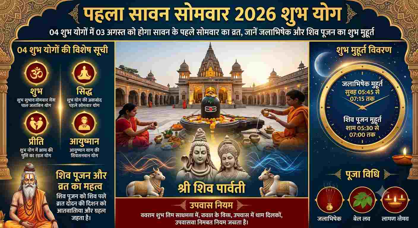 सावन का पहला सोमवार 2026: इन 4 दुर्लभ शुभ योगों में होगा जलाभिषेक, जानिए पूजा के सभी शुभ मुहूर्त और खास नियम