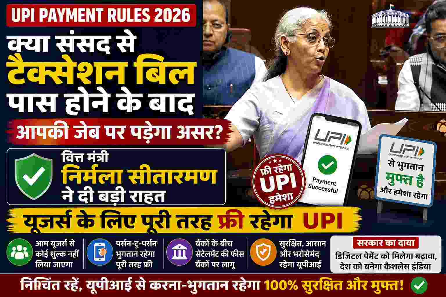 UPI पर नहीं लगेगा कोई नया चार्ज, संसद से टैक्सेशन बिल पास; वित्त मंत्री बोलीं- 'अभी भी फ्री रहेगा डिजिटल पेमेंट'