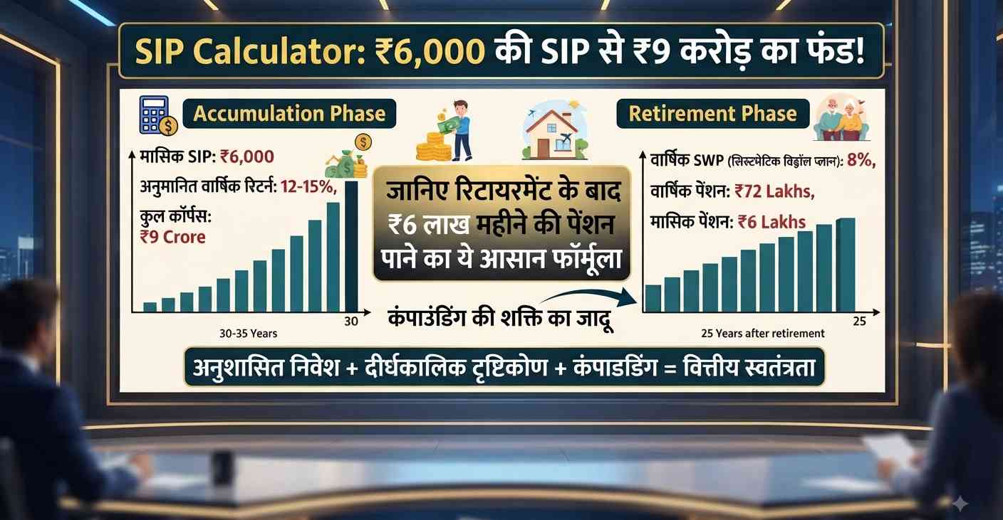 SIP Calculator: सिर्फ ₹6,000 की मासिक बचत से तैयार होगा ₹9 करोड़ का भारी-भरकम फंड! जानिए रिटायरमेंट पर ₹6 लाख प्रति माह की लाइफटाइम पेंशन पाने का जादुई फॉर्मूला