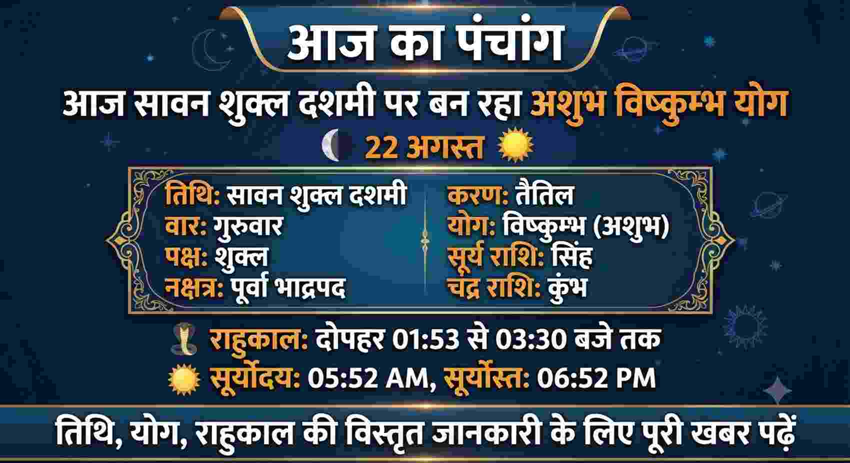 Aaj Ka Panchang 22 August: सावन शुक्ल दशमी पर बना विष्कुम्भ योग; जानिए राहुकाल, शुभ मुहूर्त और आज का पूरा पंचांग