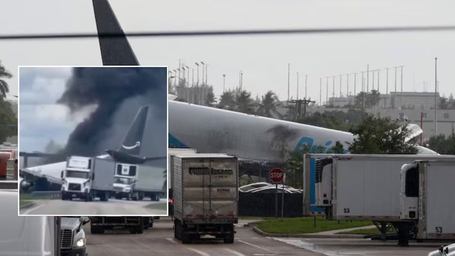 US Plane Crash: रनवे से फिसलकर गाड़ियों से टकराया Amazon का कार्गो प्लेन, लगी भीषण आग; 5 लोगों की दर्दनाक मौत