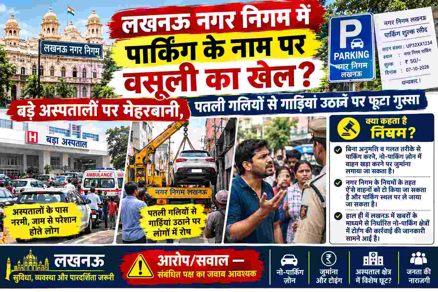 लखनऊ नगर निगम में पार्किंग के नाम पर वसूली का खेल? बड़े अस्पतालों पर मेहरबानी, पतली गलियों से गाड़ियां उठाने पर फूटा गुस्सा